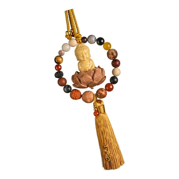 AMLESO Buddha Statue Car Pendant Dangling Ornament, Wood Gift ,Automotive Accessories, Auto Interior Dangle Rear View Mirror Pendant yellow tassel