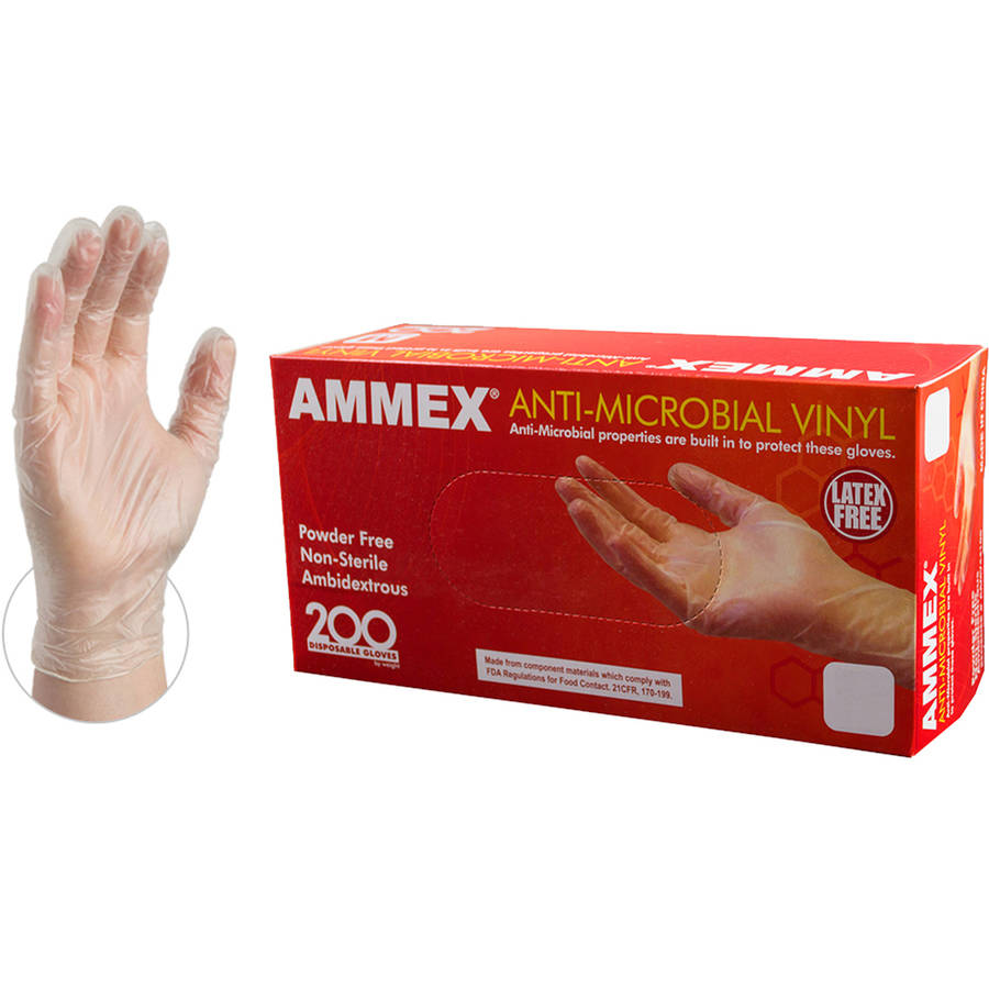 AMMEX AntiMicrobial Clear Vinyl Industrial Disposable Gloves, Medium