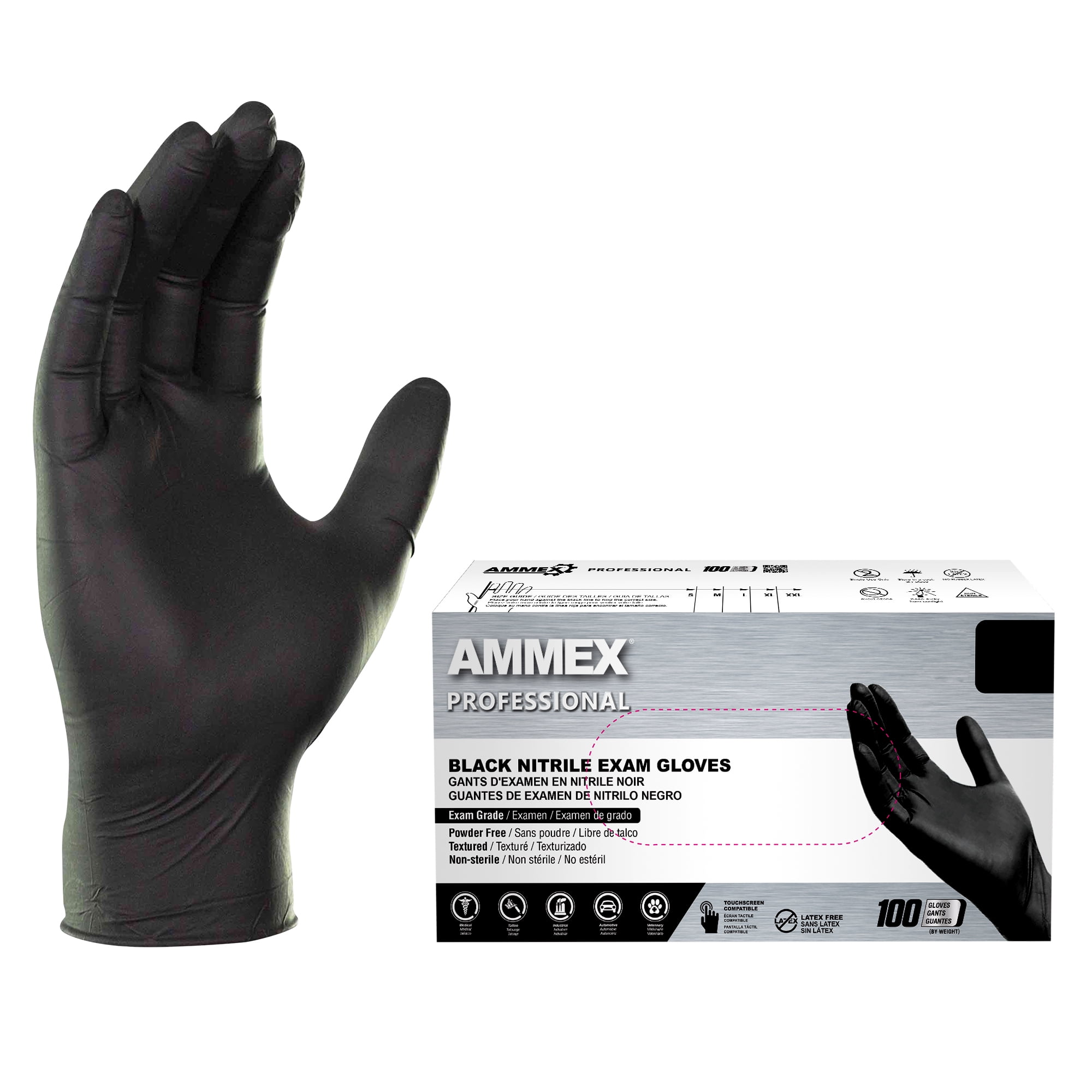AMMEX Black Nitrile Exam Gloves, Size Medium, 100 Count, Light-Duty