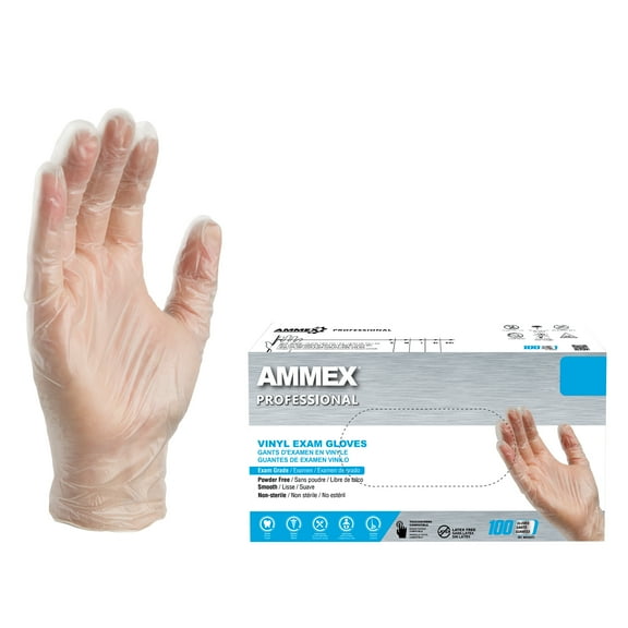 AMMEX Clear Vinyl Exam Gloves, Size Large, 100 Count, Light-Duty