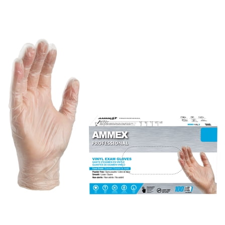 AMMEX Clear Vinyl Exam Gloves, Size Small, 100 Count, Light-Duty
