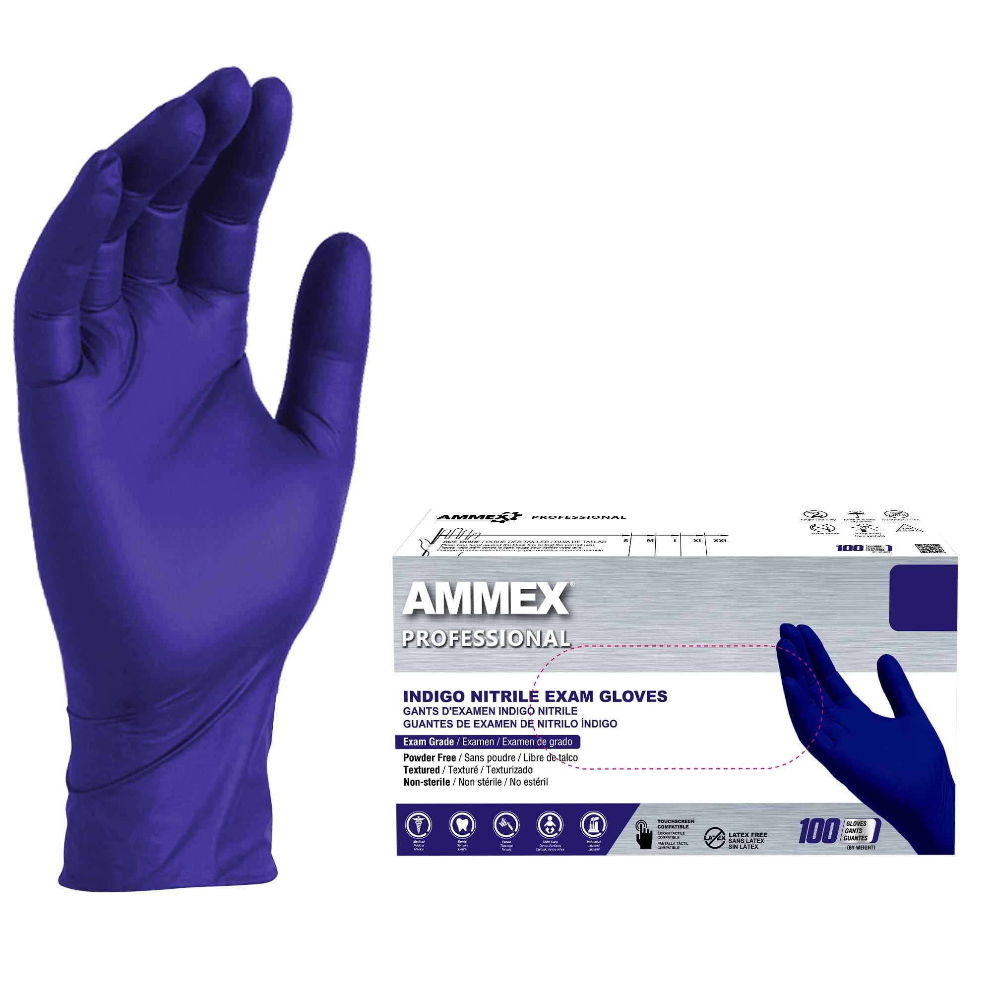 AMMEX Indigo Nitrile Exam Gloves, Size Medium, 100 Count, Light-Duty