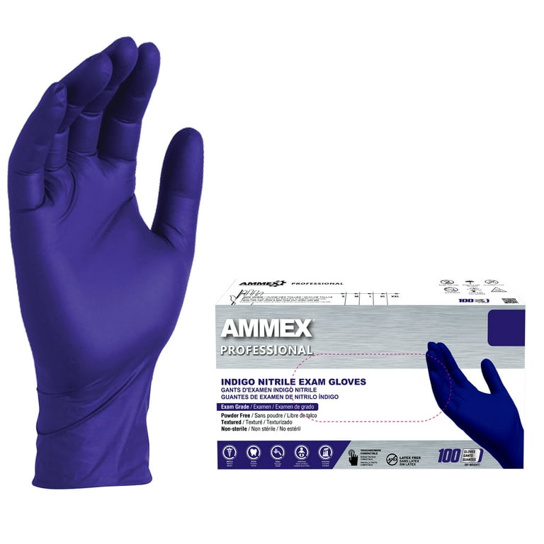 AMMEX Medical Indigo Nitrile Disposable Exam Gloves, Medium, 100