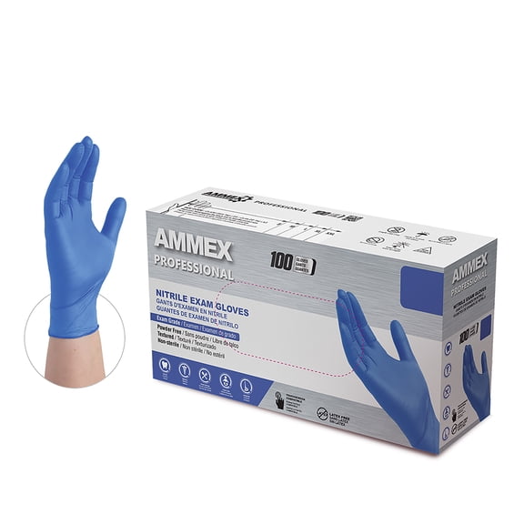 AMMEX Nitrile, Latex Free, Powder Free, Chemo-Rated, Medical Disposable Gloves, X-Large, Blue, 100/Box
