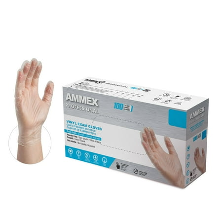 AMMEX Vinyl, Latex Free, Powder Free, Medical Disposable Gloves, Large, Clear, 100/Box (4-Pack)