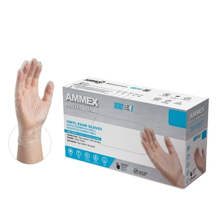 AMMEX Vinyl, Latex Free, Powder Free, Medical Disposable Gloves, Medium, Clear, 100/Box (3-Pack)