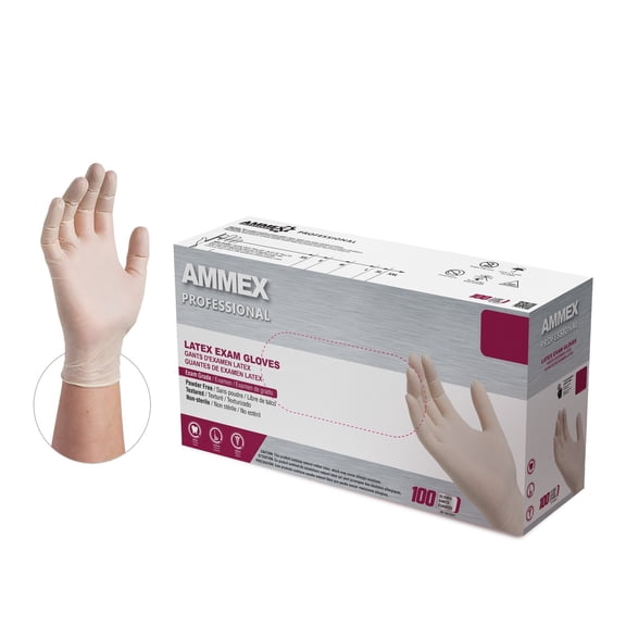 AMMEX White Latex Disposable Exam Gloves, 4 Mil, Powder-Free, Food-Safe, Lightly-Textured, Non-Sterile, Medium, Box of 100