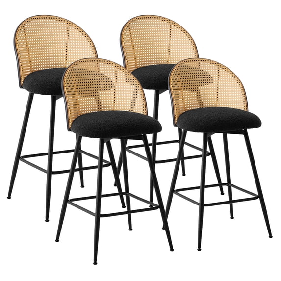 ANMINY Rattan Swivel Bar Stools, 26" Counter Height Set of 4, Upholstered Chairs Barstools with Full Back and Metal Legs Modern Boucle Fabric Seat for Kitchen Island