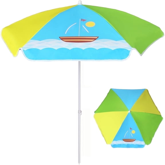 AMMSUN 5ft Seaside Kids Umbrella UPF50+ for Children Sand Water Table Outdoor Play,Boat/Green