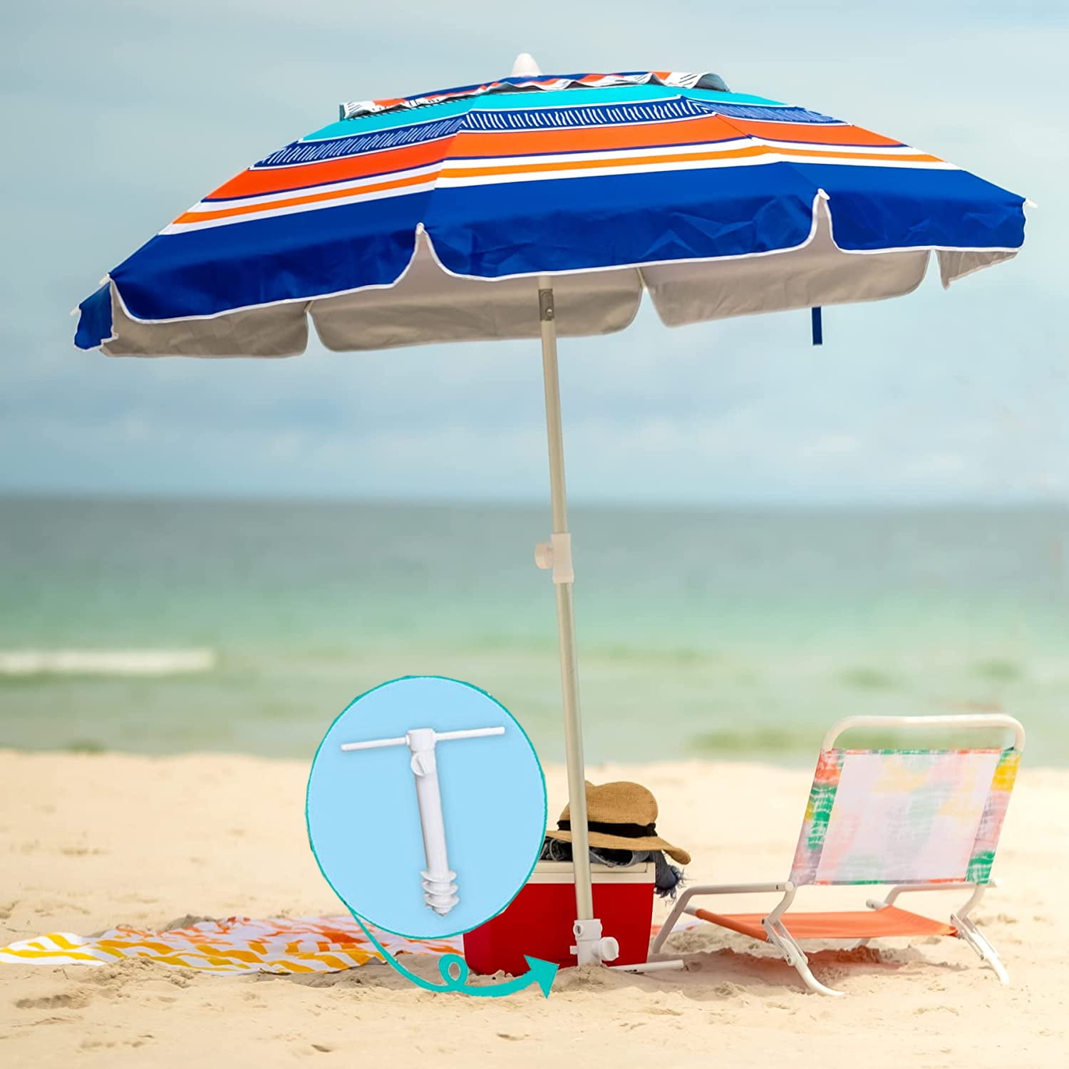 AMMSUN 6.5ft Heavy Duty Beach Umbrella with Sand Anchor Tilt and