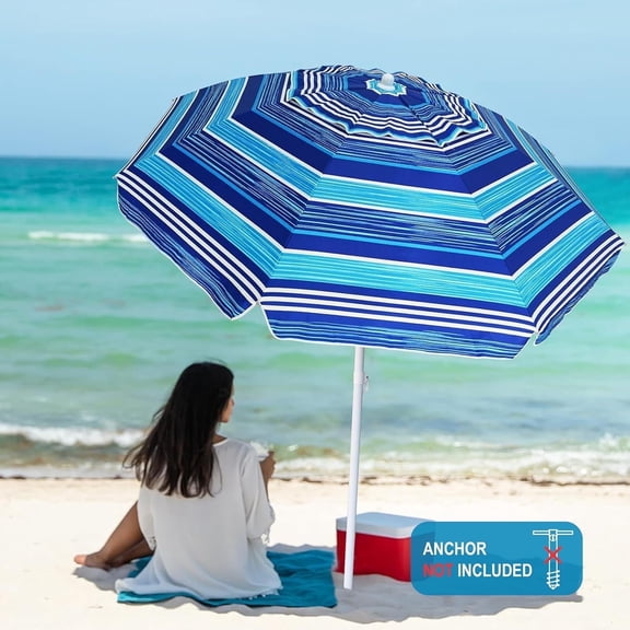 AMMSUN 6.5ft Beach Umbrella for Sand with Tilt & UPF50+ Sun Protection & Carry Bag,Blue Stripes
