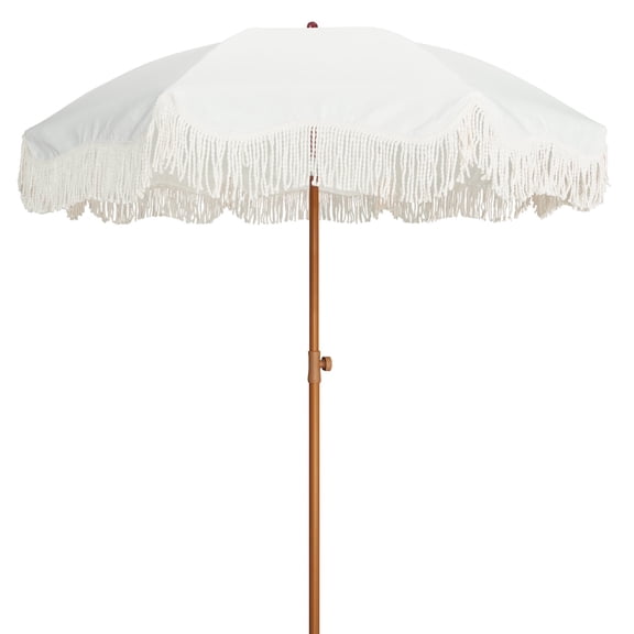AMMSUN 6.5ft Patio Umbrella UPF50+ with Boho Fringe Tassel Tilt Pole for Outdoor Picnic,Cream White