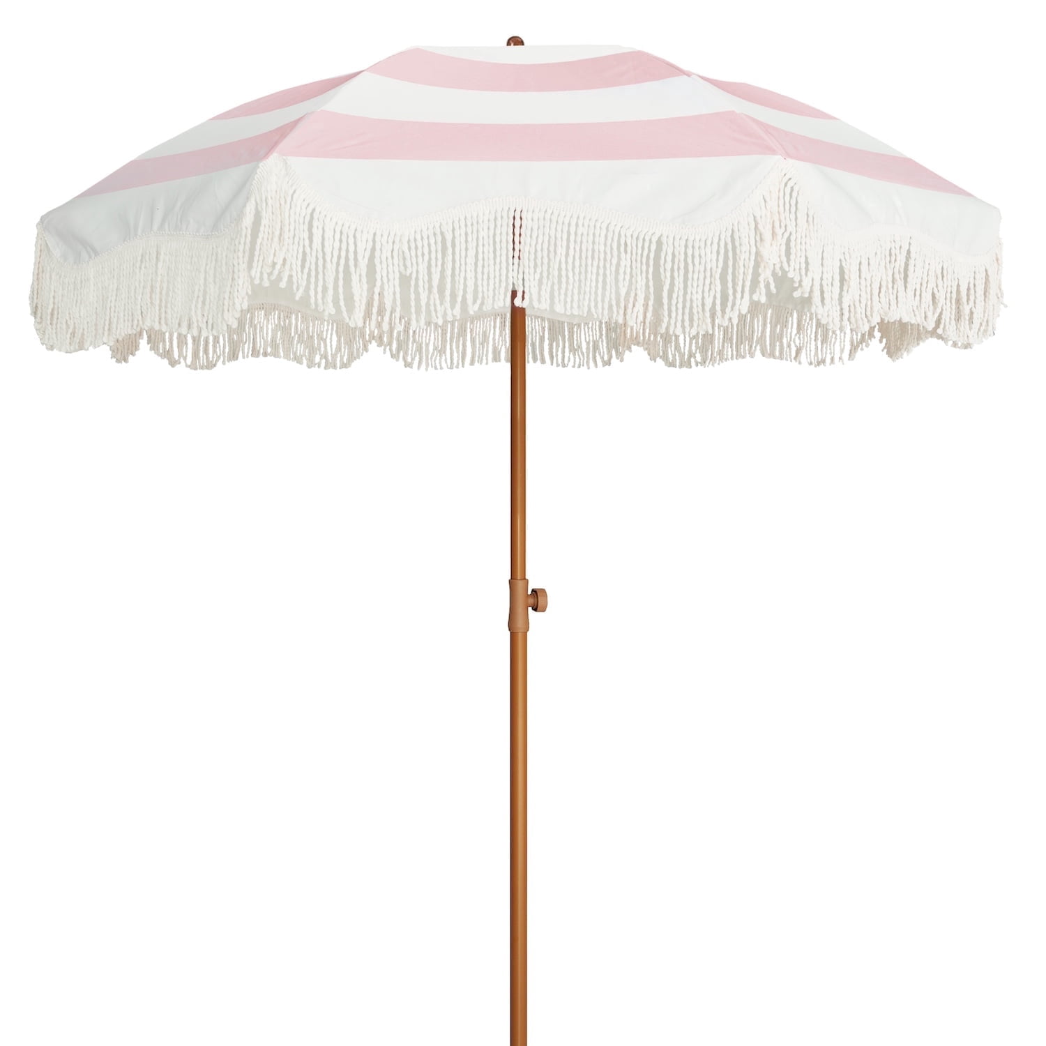AMMSUN 6.5ft Patio Umbrella UPF50+ with Boho Fringe Tassel Tilt Pole for Outdoor Picnic,Pink Stripes