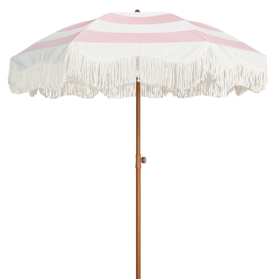 AMMSUN 6.5ft Patio Umbrella UPF50+ with Boho Fringe Tassel Tilt Pole for Outdoor Picnic,Pink Stripes