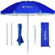 AMMSUN 6.5ft Twice Folded Portable Travel Beach Umbrella with Sand Anchor UPF50+ Protection,Blue
