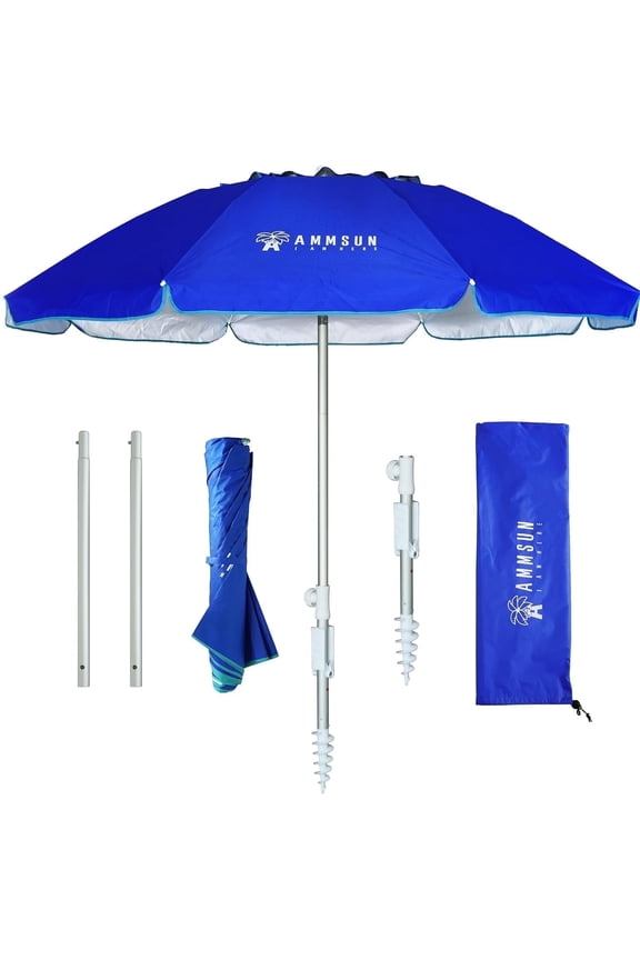 6.5ft Twice Folded Portable Travel Beach Umbrella with Sand Anchor UPF50+ Protection,Blue