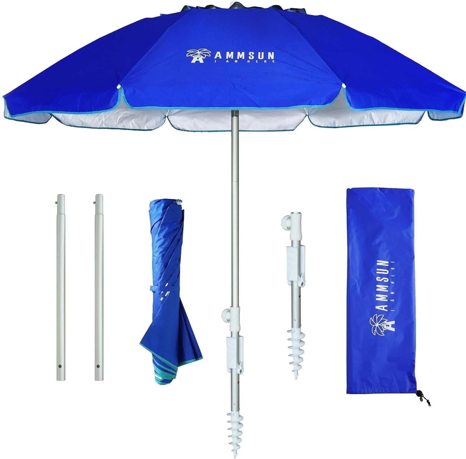 AMMSUN 6.5ft Twice Folded Portable Travel Beach Umbrella with Sand Anchor UPF50+ Protection,Blue
