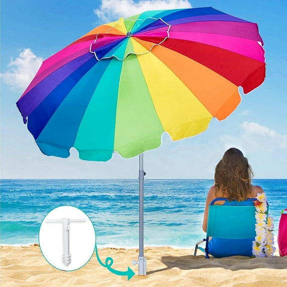 AMMSUN 7.5ft Heavy Duty Beach Umbrella with Sand Anchor with UV protection Tilt Sun Shelter Outdoor,Rainbow