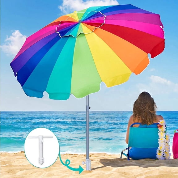 AMMSUN 7.5ft Heavy Duty Beach Umbrella with Sand Anchor with UV protection Tilt Sun Shelter Outdoor,Rainbow