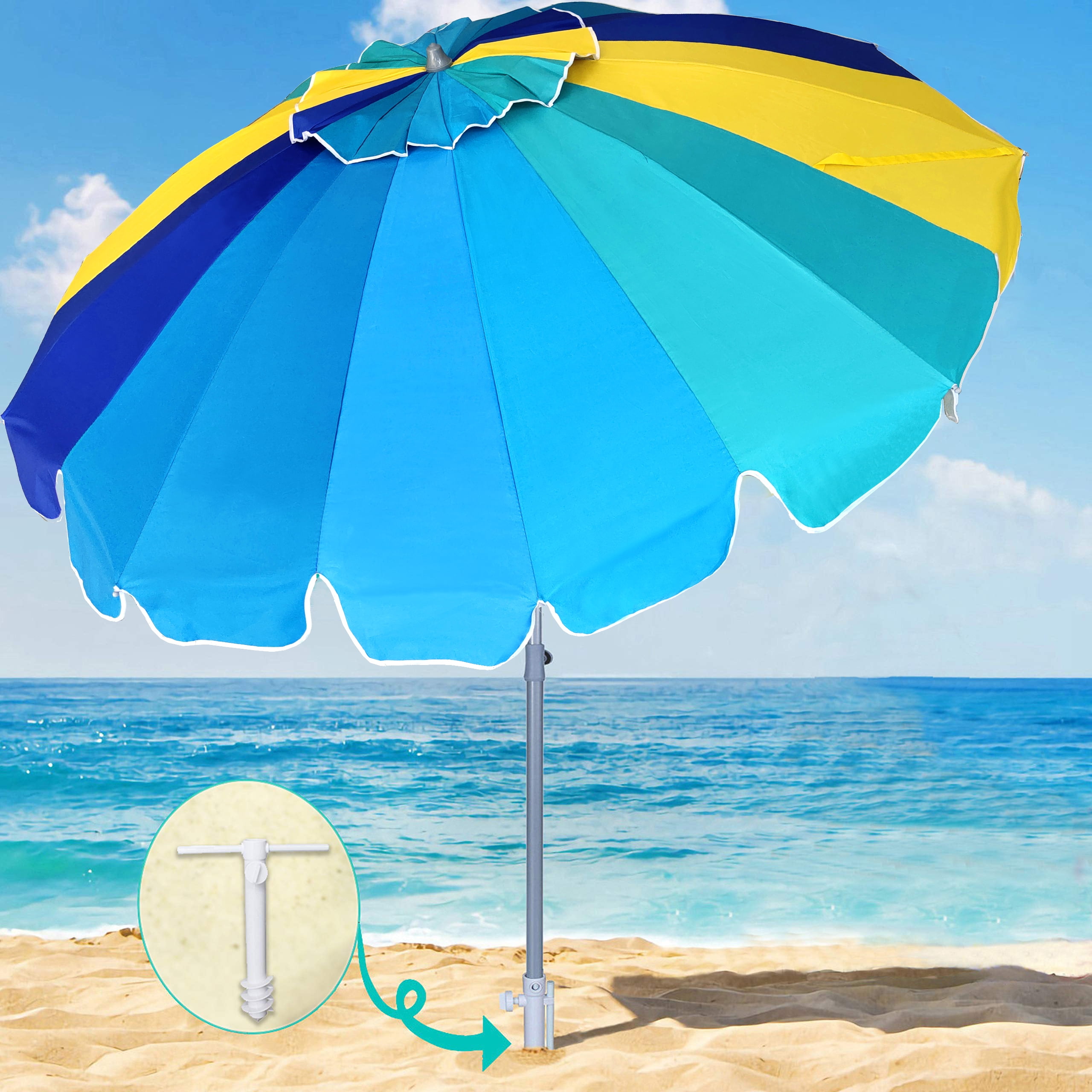 AMMSUN 7.5ft Heavy Duty Beach Umbrella with Sand Anchor UV Protection Tilt Sun Shelter,Celestial