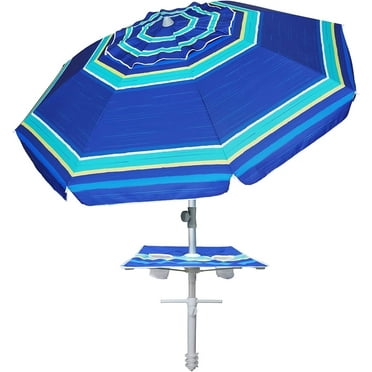 AMMSUN 7ft Heavy Duty Beach Umbrella UPF50  with Sand Anchor & Built-in Tray,Table/Blue Horizon