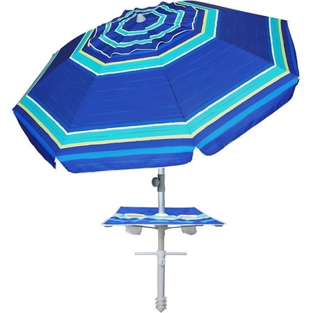AMMSUN 7ft Heavy Duty Beach Umbrella UPF50+ with Sand Anchor & Built-in Tray,Table/Blue Horizon
