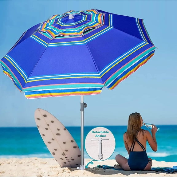 AMMSUN 7ft Heavy Duty Beach Umbrella UPF50  with Sand Anchor & Tilt Shelter & Bag,Blue Stripes