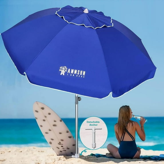 AMMSUN 7ft Heavy Duty Beach Umbrella UPF50+ with Sand Anchor & Tilt Shelter & Bag,Blue