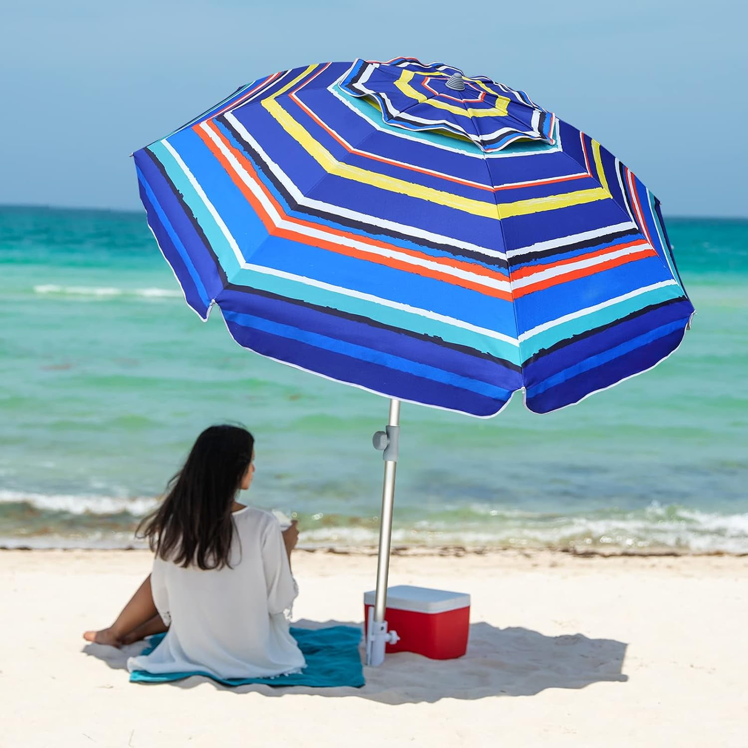 AMMSUN 7ft Heavy Duty Beach Umbrella with Sand Anchor & Tilt Sun Shelter & Carry Bag,Ocean