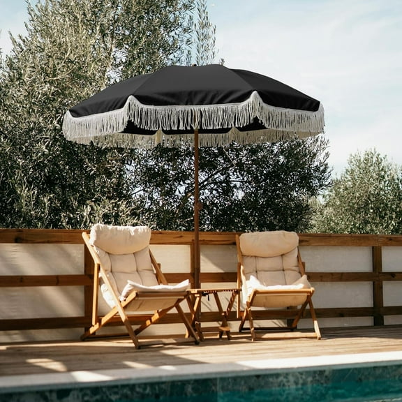 AMMSUN 7ft Patio Umbrella with Fringe Tassel Outdoor UPF50+ Shade Tilt Shelter,Black