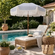 AMMSUN 7ft Patio Umbrella with Fringe Tassel Outdoor UPF50+ Shade Tilt Shelter,Navy Blue Stripes