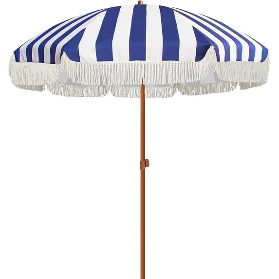 AMMSUN 7ft Patio Umbrella with Fringe Tassel Outdoor UPF50+ Shade Tilt Shelter,Navy Stripes