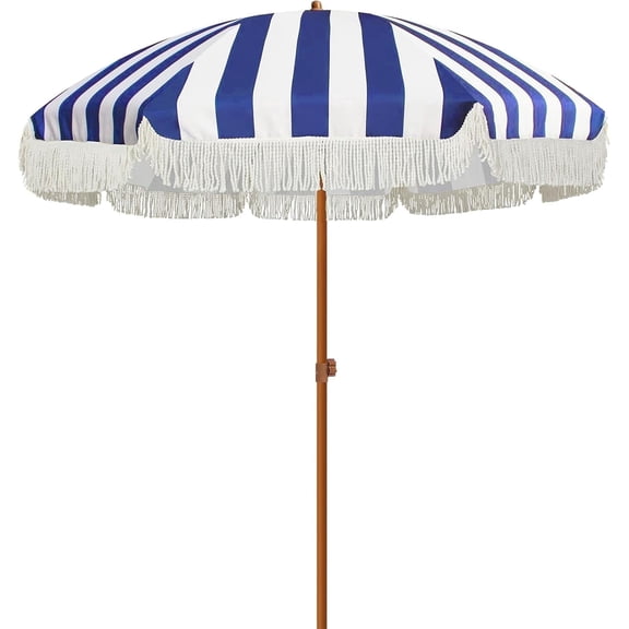 AMMSUN 7ft Patio Umbrella with Fringe Tassel Outdoor UPF50+ Shade Tilt Shelter,Navy Stripes