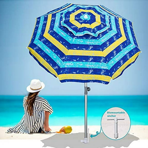 AMMSUN 7ft Sand Anchor Beach Umbrella Adjustable Height with Tilt Aluminum Pole, Portable UV 50+ Protection Beach Umbrella for Outdoor Patio Multicolor