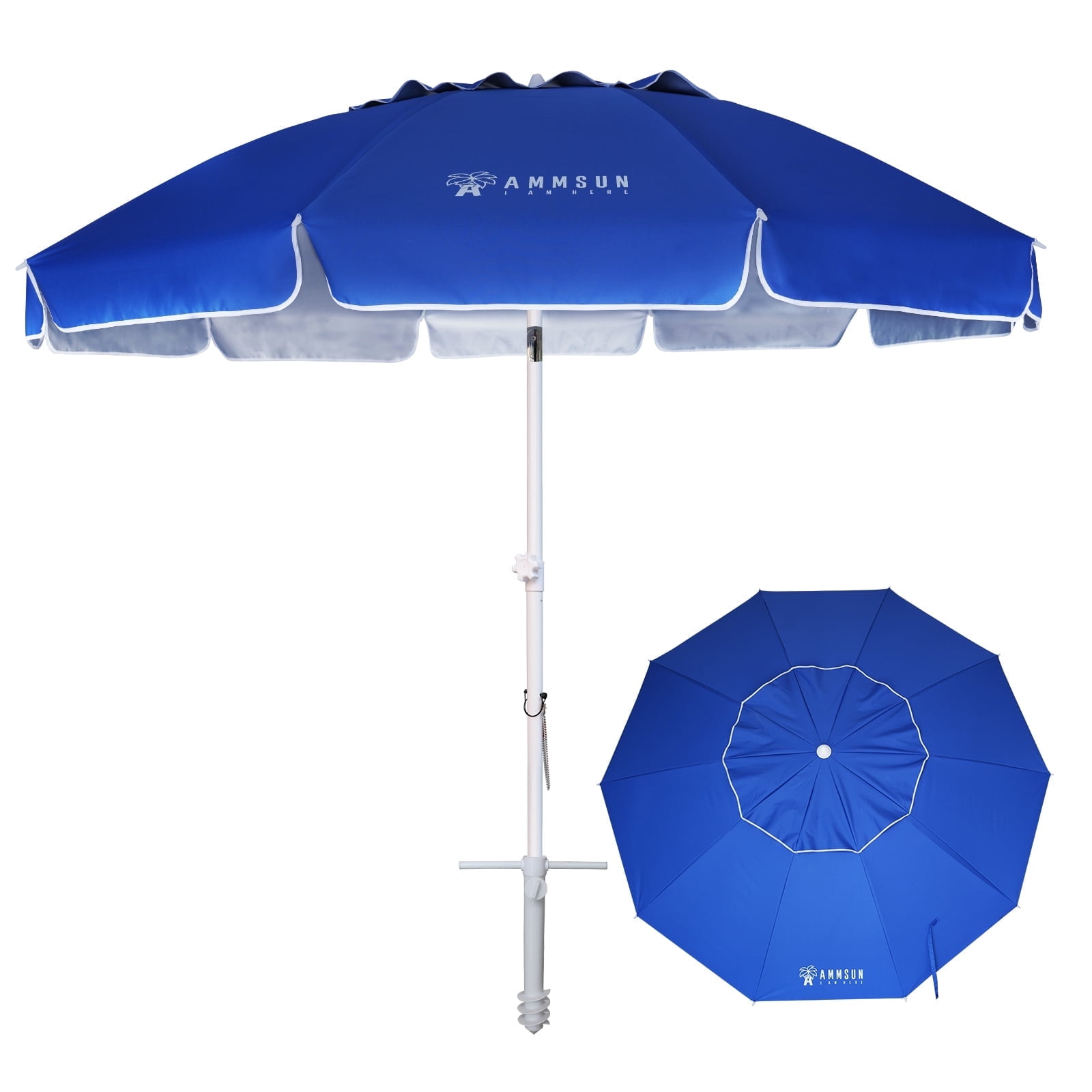 AMMSUN 8FT Large Heavy Duty Beach Umbrella with Sand Anchor UPF50+ Tilt Shelter Outdoor,Blue