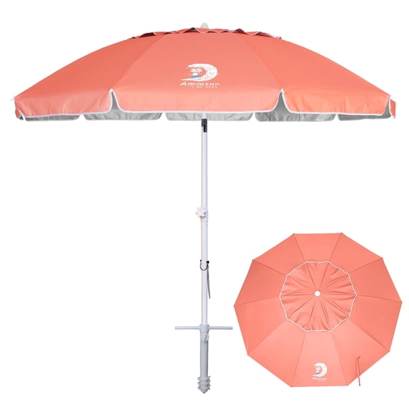AMMSUN 8FT Large Heavy Duty Beach Umbrella with Sand Anchor UPF50+ Tilt Shelter Outdoor,Red