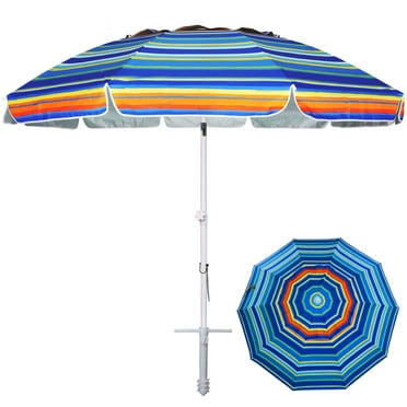 AMMSUN 8FT Large Heavy Duty Beach Umbrella with Sand Anchor UPF50  Tilt Shelter Outdoor,Stripe Red