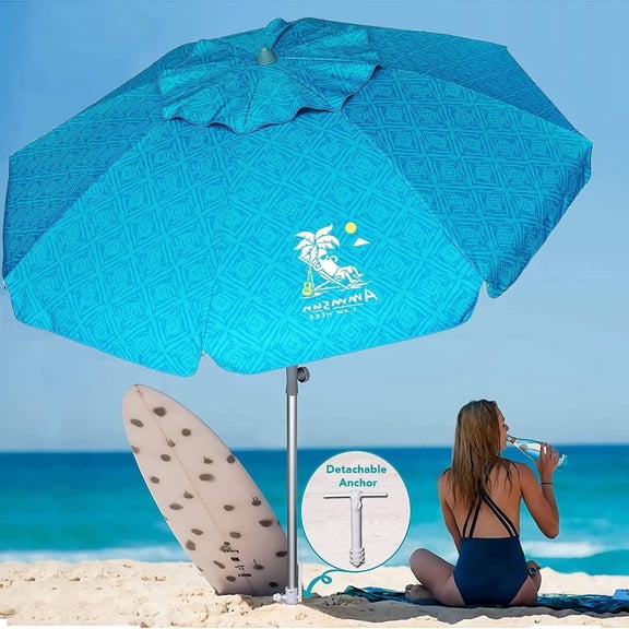 AMMSUN 7ft Heavy Duty Beach Umbrella UPF50+ with Sand Anchor & Tilt Shelter & Bag,Sky Blue
