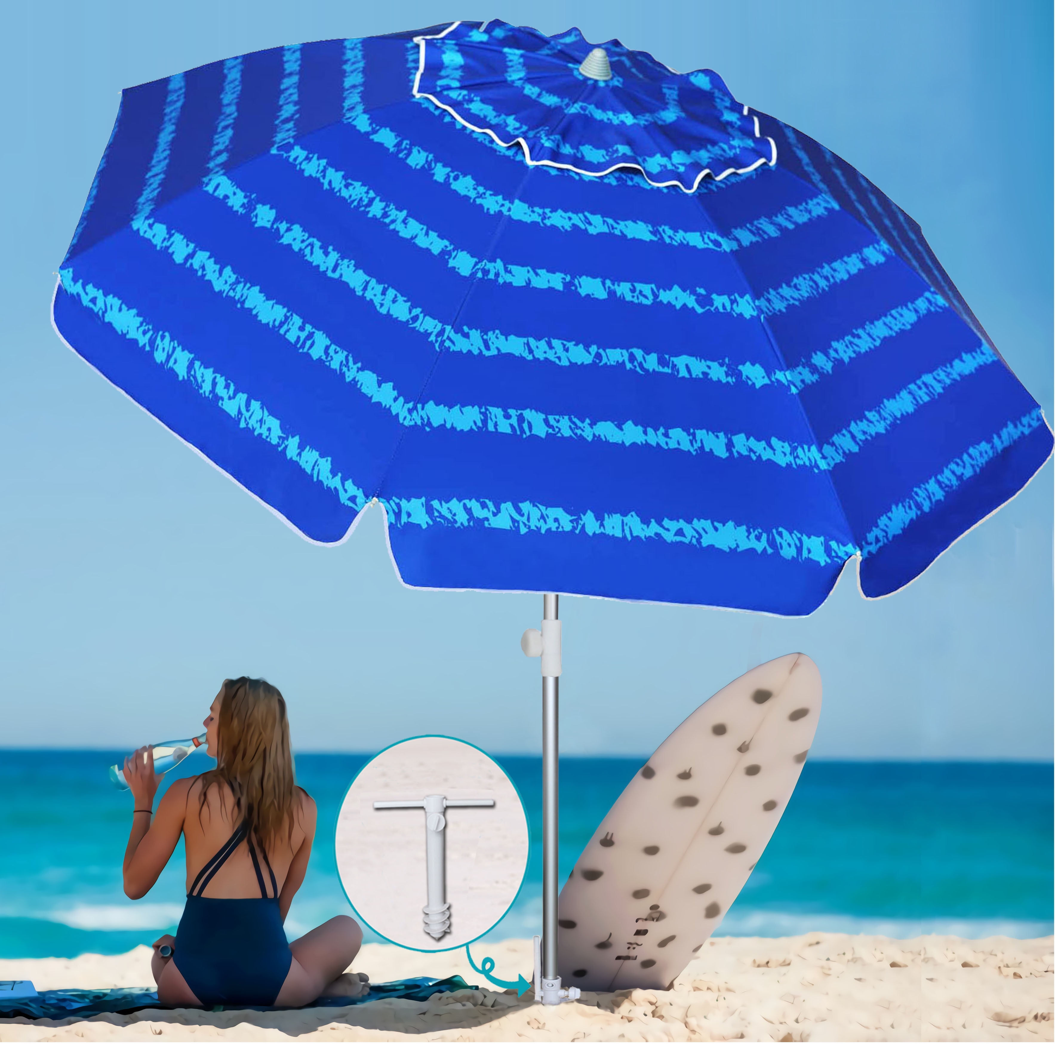 AMMSUN 6.5ft Heavy Duty Beach Umbrella with Sand Anchor & Tilt Sun Shelter & Carry Bag,Blue Tide