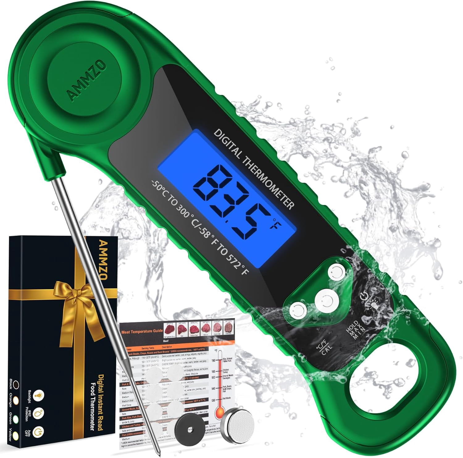AMMZO Digital Meat Thermometer for Grilling, Candy Thermometer Instant Read Food Thermometer Waterproof with Backlight for Cooking, Deep Fry, BBQ, Grill, Smoker and Roast (Green)