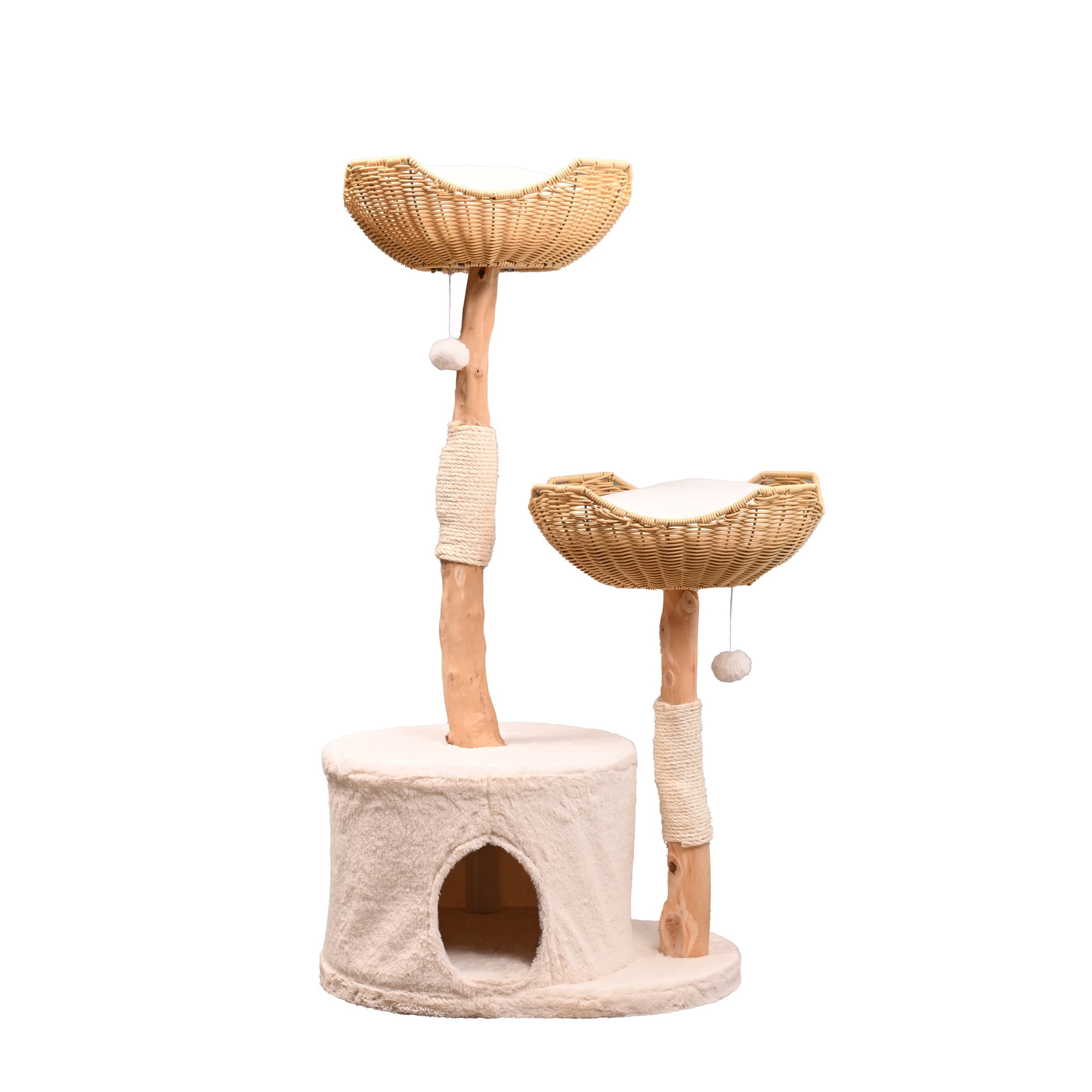 Natural Wood and Sisal Freestanding Cat Tree with Plush Condo