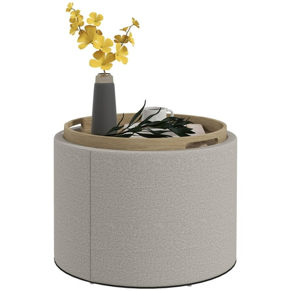 AMO Round Storage Ottoman Coffee Table with Flip Top Tray, Linen Fabric Upholstered Footstool with Hidden Compartment