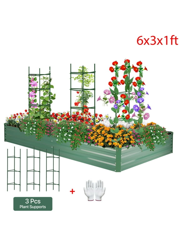AMOBORO 6x3x1ft Outdoor Metal Raised Garden Bed Planter Box for Vegetables, Flowers, Herbs w/ 3 Tomato Cages Green