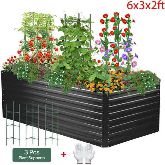 AMOBRO 6x3x2ft Outdoor Metal Raised Garden Bed Planter Box for Vegetables, Flowers, Herbs w/ 3 Tomato Cages Black