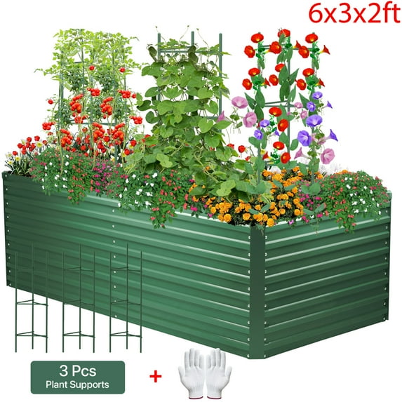 AMOBRO 6x3x2ft Outdoor Metal Raised Garden Bed Planter Box for Vegetables, Flowers, Herbs w/ 3 Tomato Cages Green