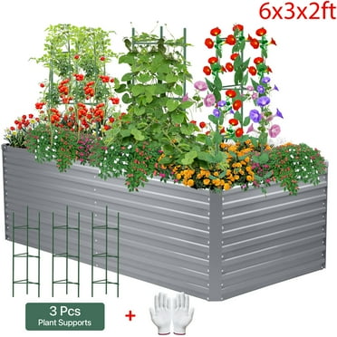 AMOBRO 6x3x2ft Outdoor Metal Raised Garden Bed Planter Box for Vegetables, Flowers, Herbs w/ 3 Tomato Cages Silver