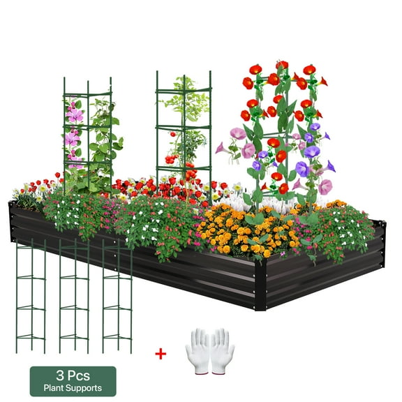 AMOBRO 8x4x1ft Outdoor Metal Raised Garden Bed Planter Box for Vegetables, Flowers, Herbs w/ 3 Tomato Cages Black