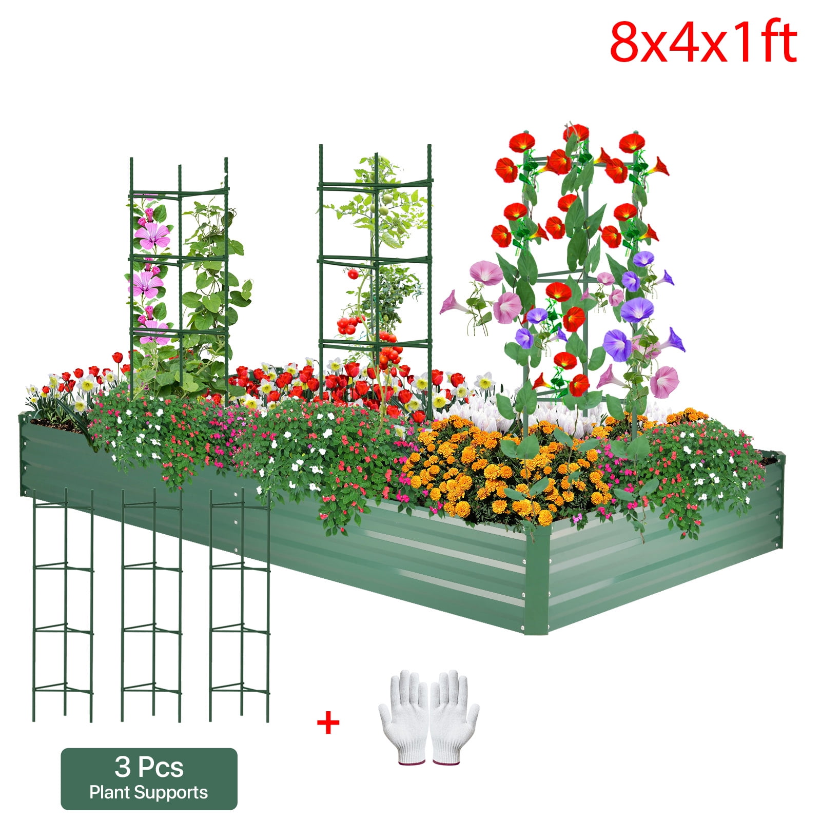 AMOBRO 8x4x1ft Outdoor Metal Raised Garden Bed Planter Box for Vegetables, Flowers, Herbs w/ 3 Tomato Cages Green