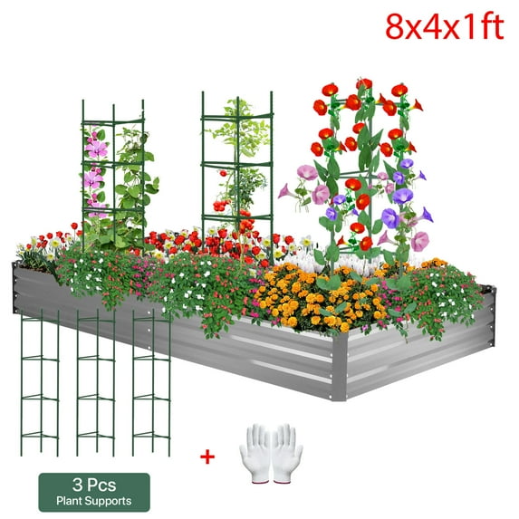 AMOBRO 8x4x1ft Outdoor Metal Raised Garden Bed Planter Box for Vegetables, Flowers, Herbs w/ 3 Tomato Cages Silver