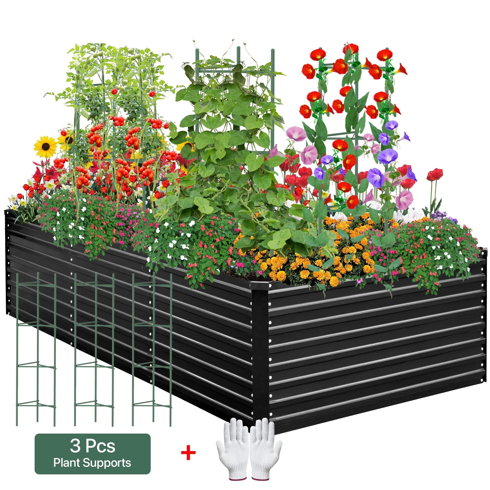 AMOBRO 8x4x2ft Outdoor Metal Raised Garden Bed Planter Box for Vegetables, Flowers, Herbs w/ 3 Tomato Cages Black